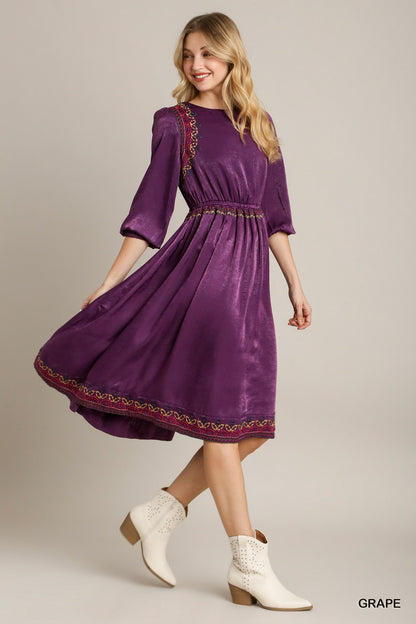 Satin Round Neck Embroidery Midi Dress