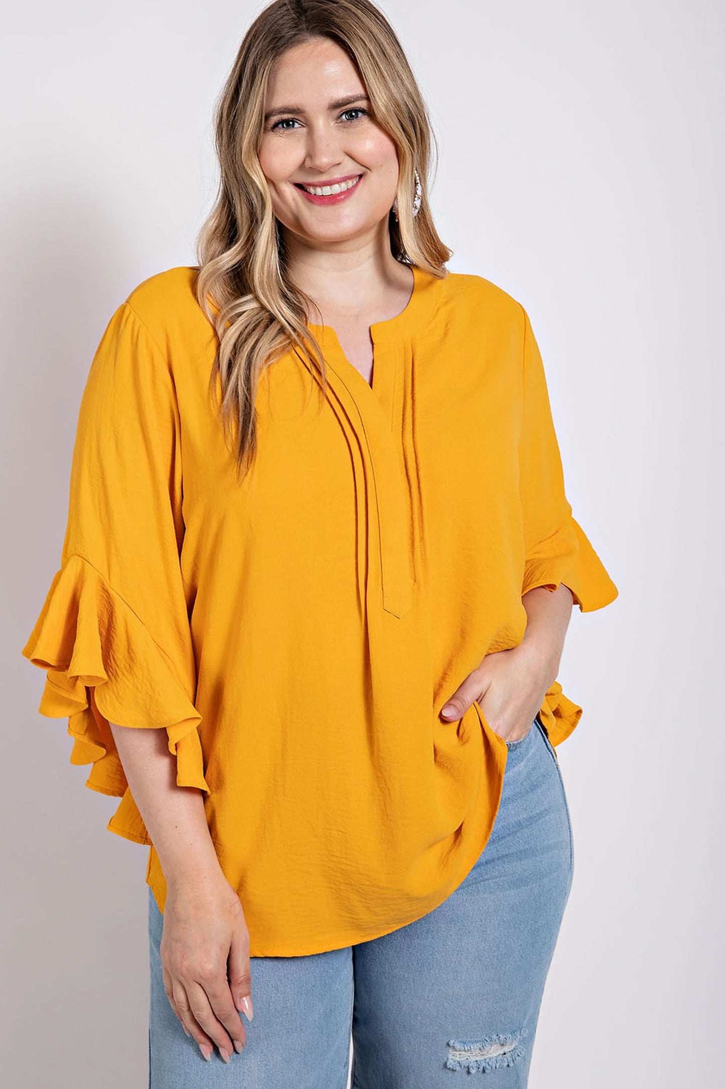 Ruffled Bell Sleeve And Front Pleated Detail Top