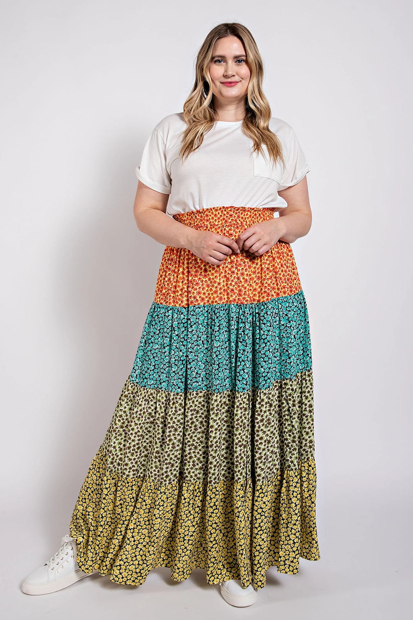 Ditsy floral color block skirt with front slit