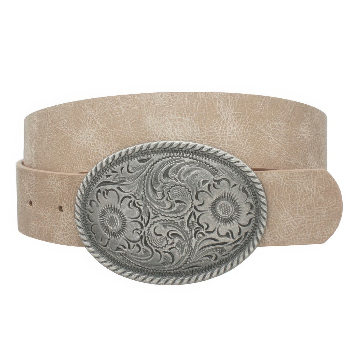 Flower Embossed Oval Buckle Vintage Strap Belt