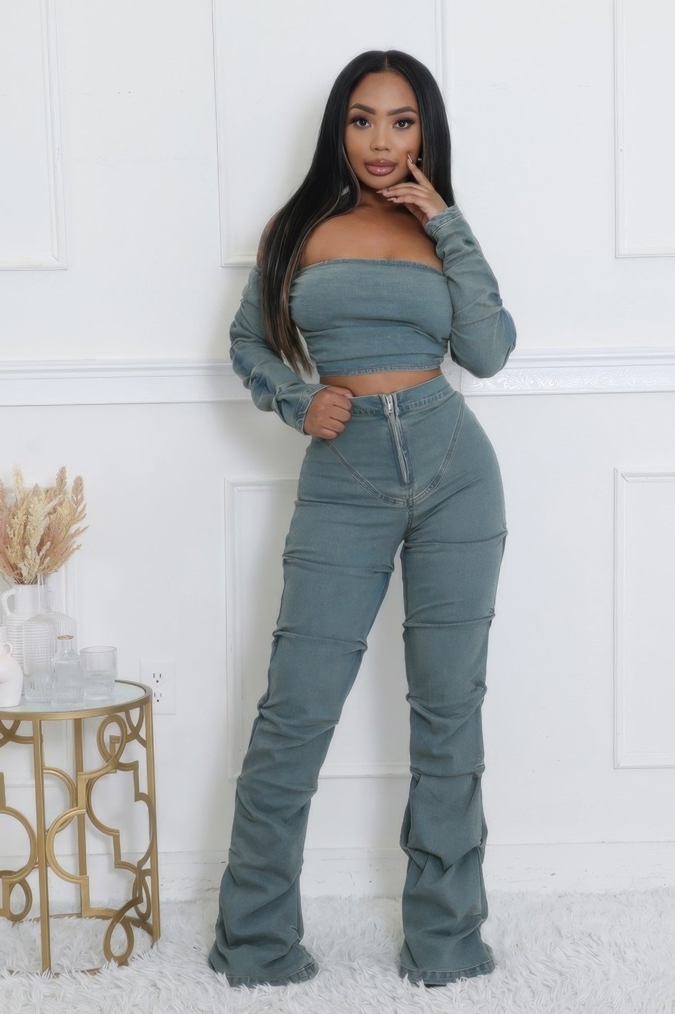 Denim Off The Shoulder Stretch Pant Set