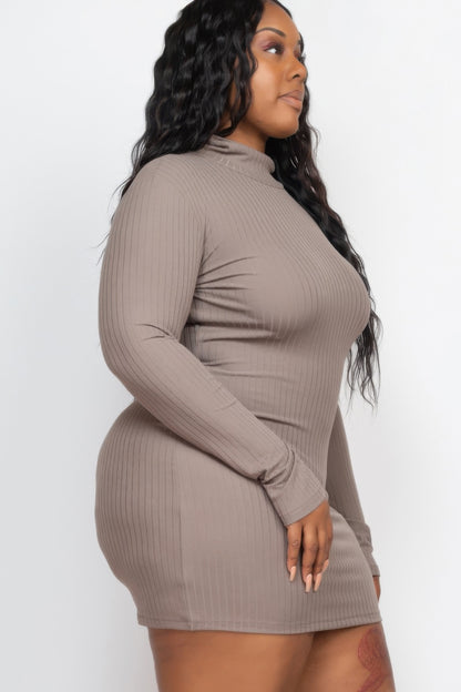 Plus Size Ribbed Long Sleeve Mock Neck Mini Bodycon Dress