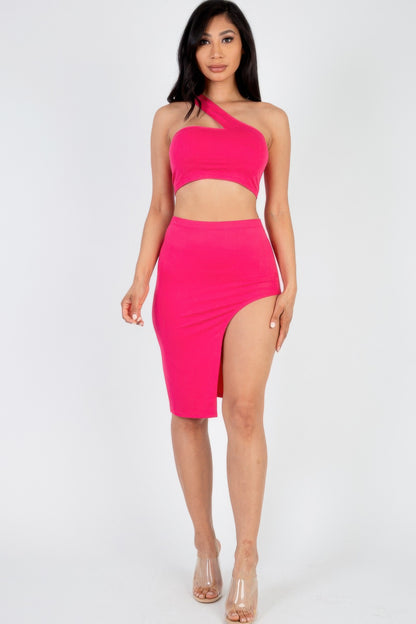 Sexy Solid One Shoulder Crop Top & Split Thigh Midi Skirt Set