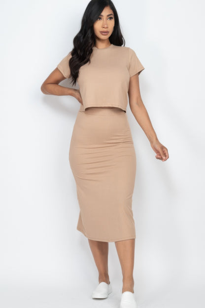 Short Sleeve Ribbed Top & Midi Skirt Se