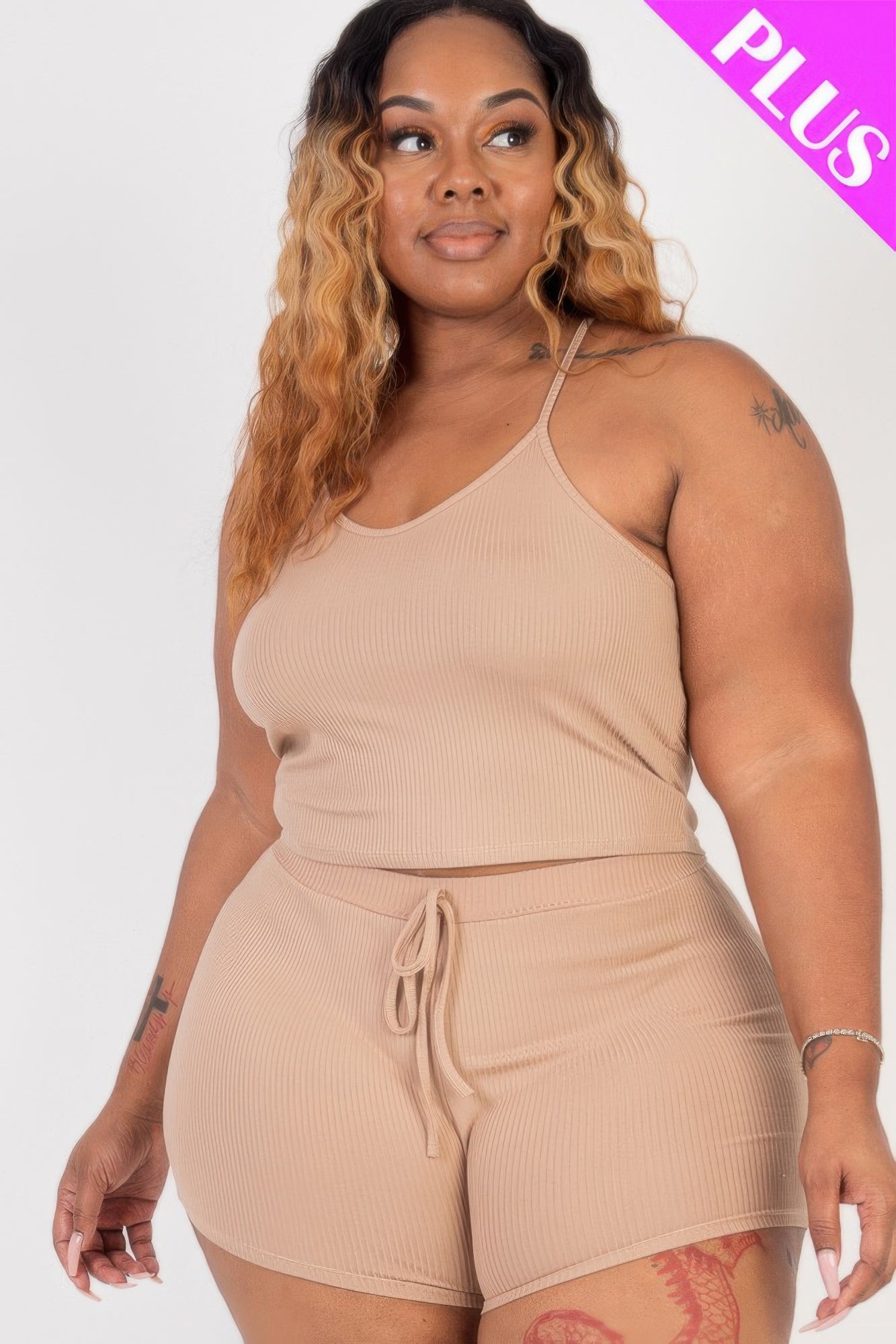 Plus Size Ribbed Crop Cami Top & Shorts Set