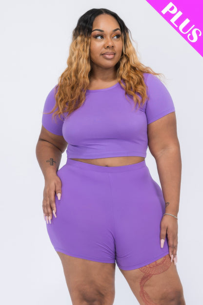 Plus Size Short Sleeve Crop Top & Shorts Set