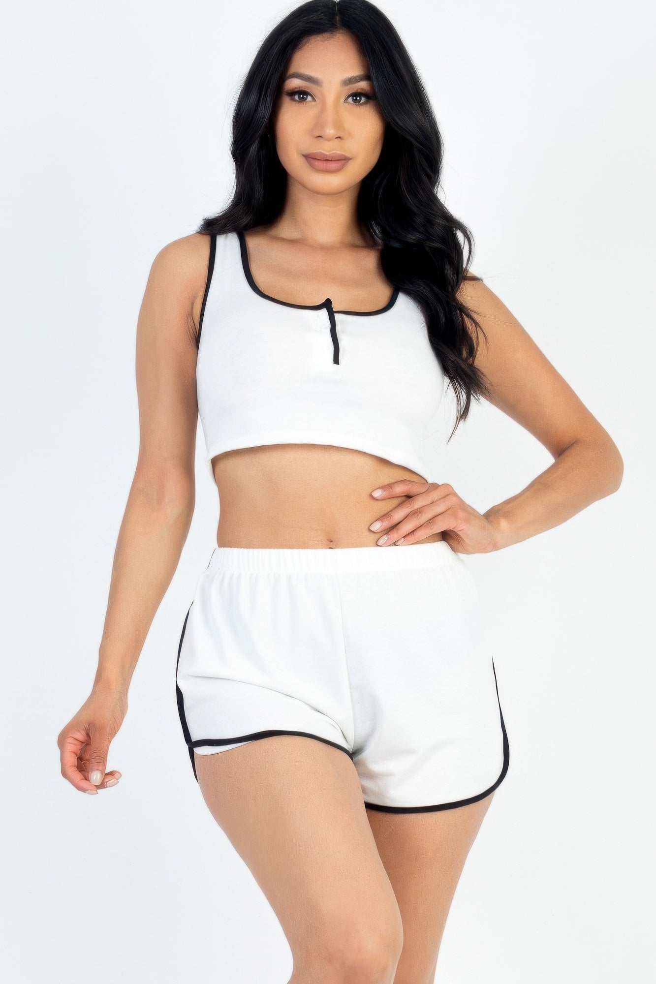 Casual French Terry Sleeveless Button Front Contrast Trim Cropped Tank Top And Shorts Set