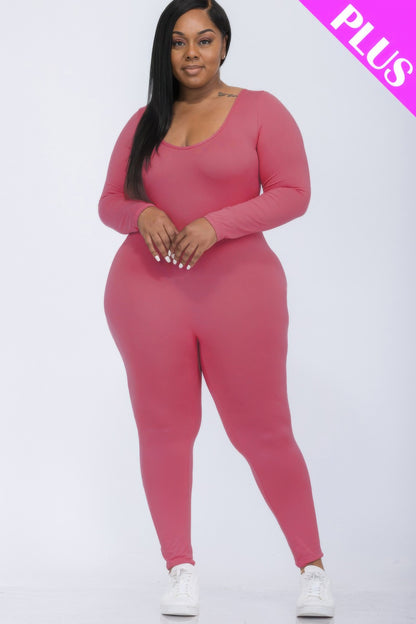 Plus Size Scoop Neck Long Sleeve Bodycon Jumpsuit