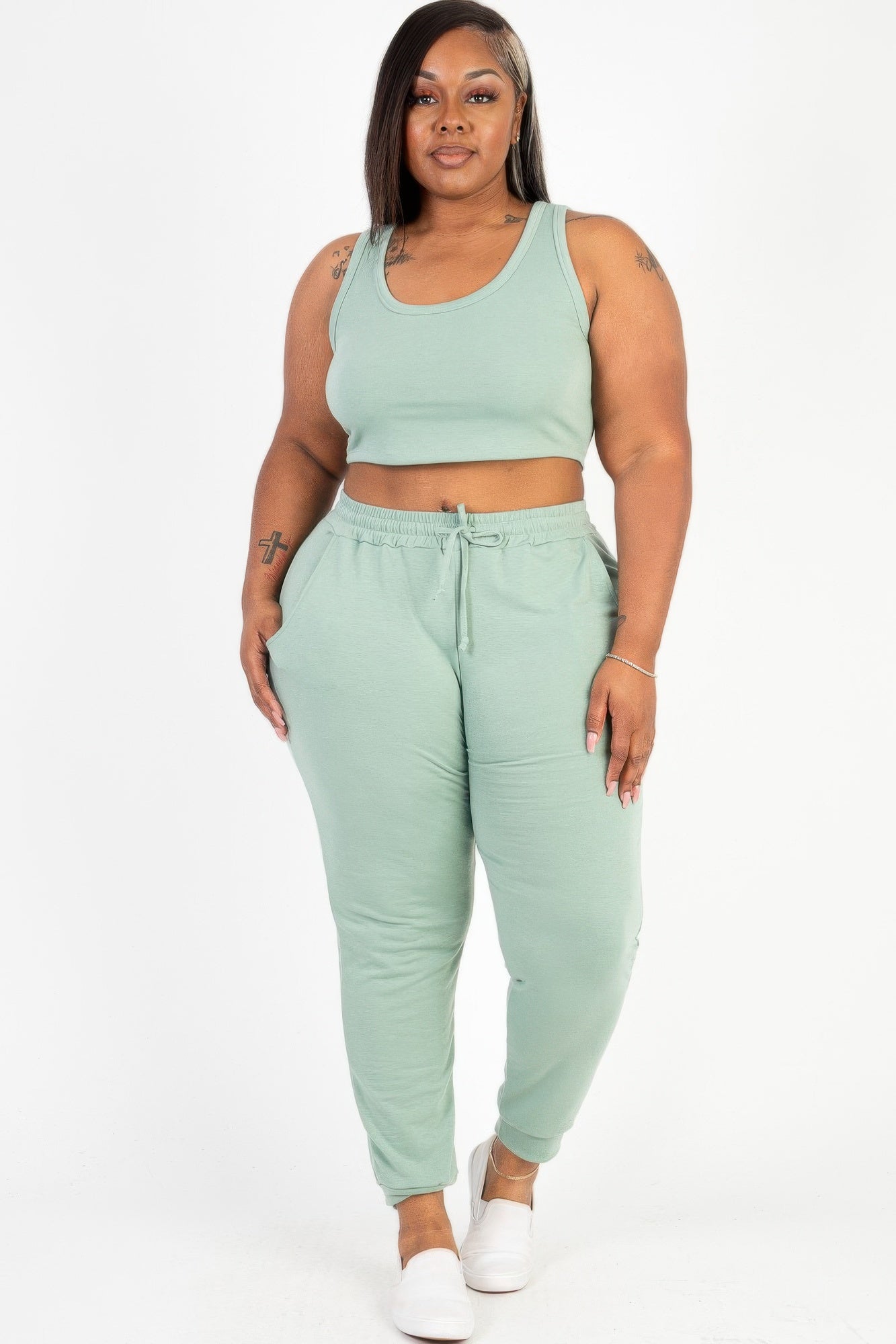 Plus Size French Terry Cropped Tank Top & Joggers Set