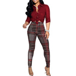 Women's Color Matching Printed Long-sleeved Lapel Shirt And Casual Pants Two-piece Suit