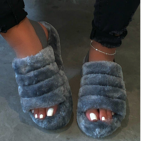 Women Fur Slides Anti-Skid Furry Fashion Fur Slippers