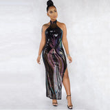 New Embroidered Sequin Bodycon Sexy Sleeveless Halter Backless High Split Dress