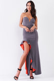 Sleeveless Plunging Neckline Ruffle Trim Front Slit Detail Fitted Maxi Dress