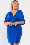 Plus Size Royal Blue Ruched Short Sleeve V-neck Empire Waist Mini Dress