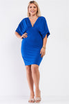 Plus Size Royal Blue Ruched Short Sleeve V-neck Empire Waist Mini Dress