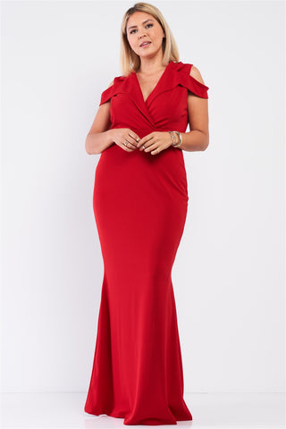 Plus Size Red Sleeveless Collared Plunging V-neck Maxi Dress