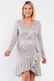Plus Size Long Sleeve V-neck Asymmetrical Wrap Flare Hem Belt Detail Oval Rhinestone Buckle Mini Dress