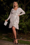 Plus Size Long Sleeve V-neck Asymmetrical Wrap Flare Hem Belt Detail Oval Rhinestone Buckle Mini Dress