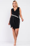 Sleeveless V-neck Asymmetrical Wrap Rhinestones Detail Fitted Mini Blazer Dress