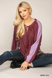 Textured Color Mixed Tassel Tie Peasant Top With Reverse Stitch Detail
