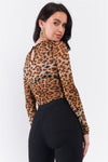 Leopard Print Sheer Mesh Crew Neck Long Sleeve Bodysuit