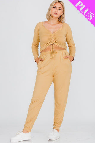 Plus Size Strap Ruched Top And Jogger Pants Set