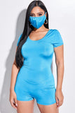Solid Short Sleeve Scoop Neck Romper And Face Mask 2 Piece Set