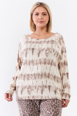 Ivory Acid Wash Print Bateau Neck Relaxed Fit Long Sleeve Top