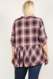 Plus Size Roll Sleeve Baby Doll Plaid Tunic Top