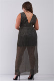 Plus Size Black & Gold V-neck Sleeveless Pleated Fabric Maxi Dress