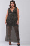 Plus Size Black & Gold V-neck Sleeveless Pleated Fabric Maxi Dress