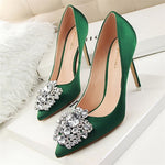 Bridal Wedding Shoes Faux Silk Satin Rhinestone Crystal Shallow Pumps Stiletto High Heel