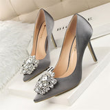 Bridal Wedding Shoes Faux Silk Satin Rhinestone Crystal Shallow Pumps Stiletto High Heel