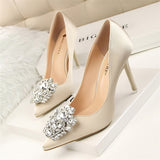 Bridal Wedding Shoes Faux Silk Satin Rhinestone Crystal Shallow Pumps Stiletto High Heel