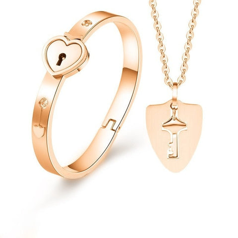 Fashion Lock Key Titanium Stainless Steel Bracelet Necklace Couple Sets