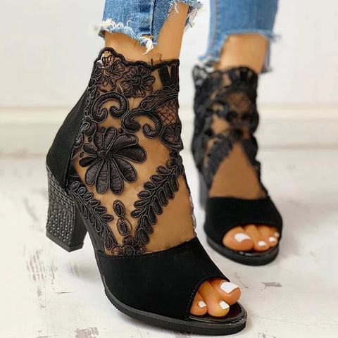 Mesh Leather Flower High Thick Heel Stripe Platform Shoes