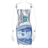 Dollar Printed Wrap Dress Crystal Dollar Bags Set Strapless Sexy Backless Mini Dress Diamond Evening Handbags Shoulder Bag