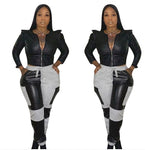 YD8332 plus size women Knit and stitch PU fashion body leisure zipper jersey pant suit