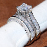 14KT White Gold Filled Princess Cut Square Topaz CZ Diamond Wedding Set