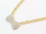 Gold Tone Chunky Chain Rhinestone Bow Pendant Necklace Bracelet Ring Earring Set