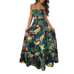 Sexy Two Piece Dress Top Long Wrap Skirt Strapless Floral Print High Waist Maxi