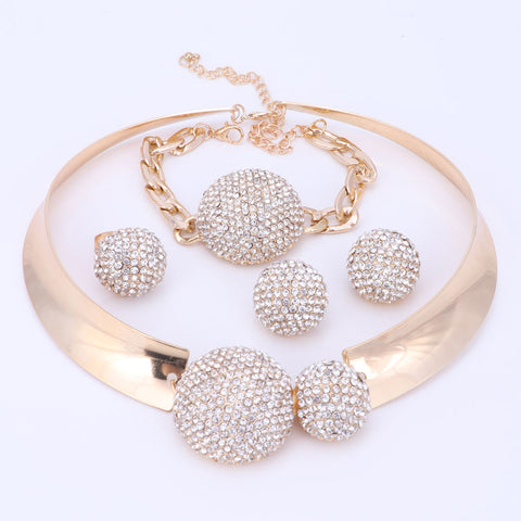 Gold Color Rhinestone Crystal Necklace Earring Bracelet Ring Sets