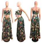 Sexy Two Piece Dress Top Long Wrap Skirt Strapless Floral Print High Waist Maxi